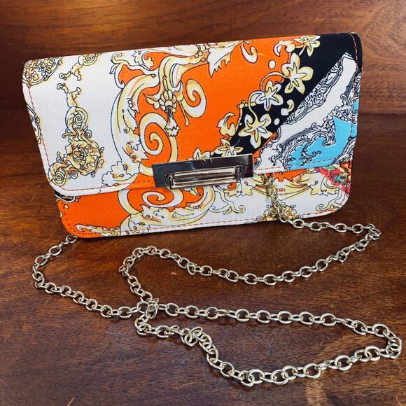 Colorful Printed Clutch Purse With Gold-Tone Chain Strap & Metal Clasp Closure - Picture 1 of 7